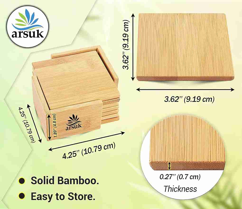 ARSUK Coasters Set of 6 Bamboo Drink Coaster Set with Holder Heat Resistant (Square)
