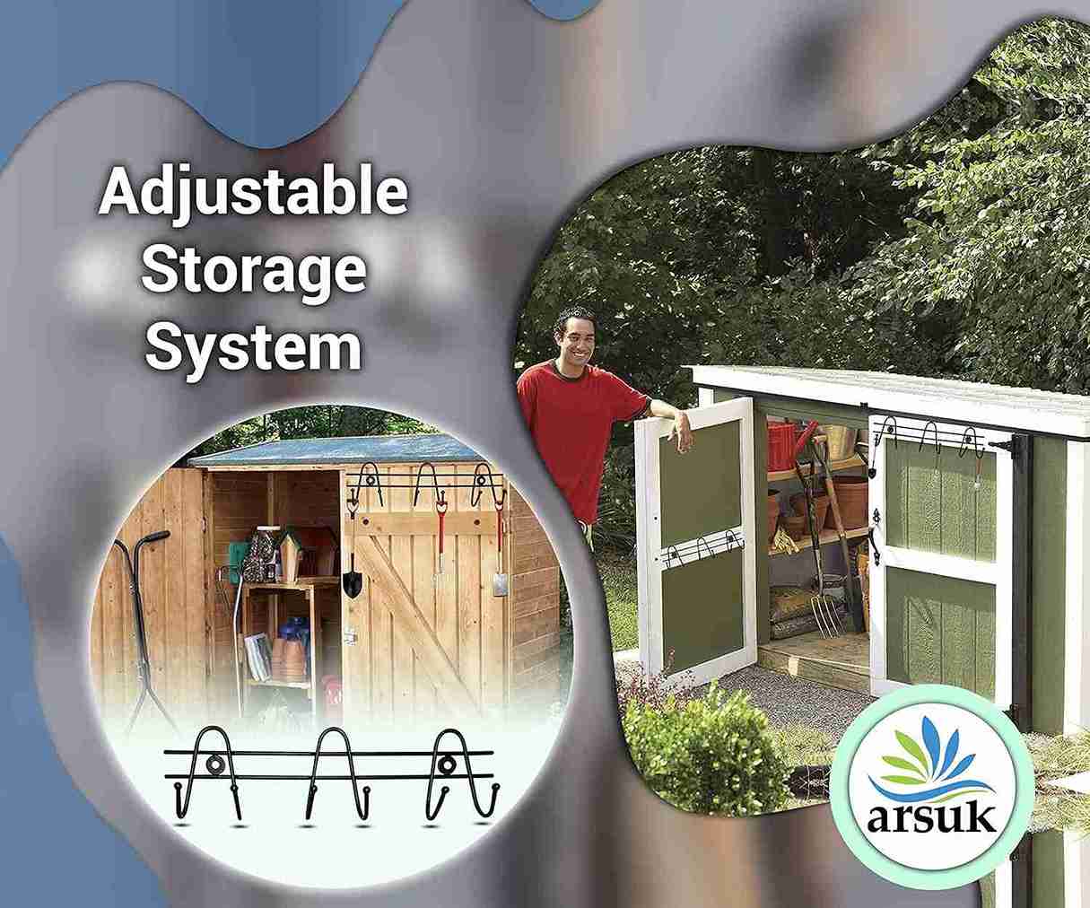 ARSUK Garden Tool Storage Rack, Wall Mounted Double Hook Organizer for Shed 44 x 13.7 x 8 cm, 1070gm (Black)